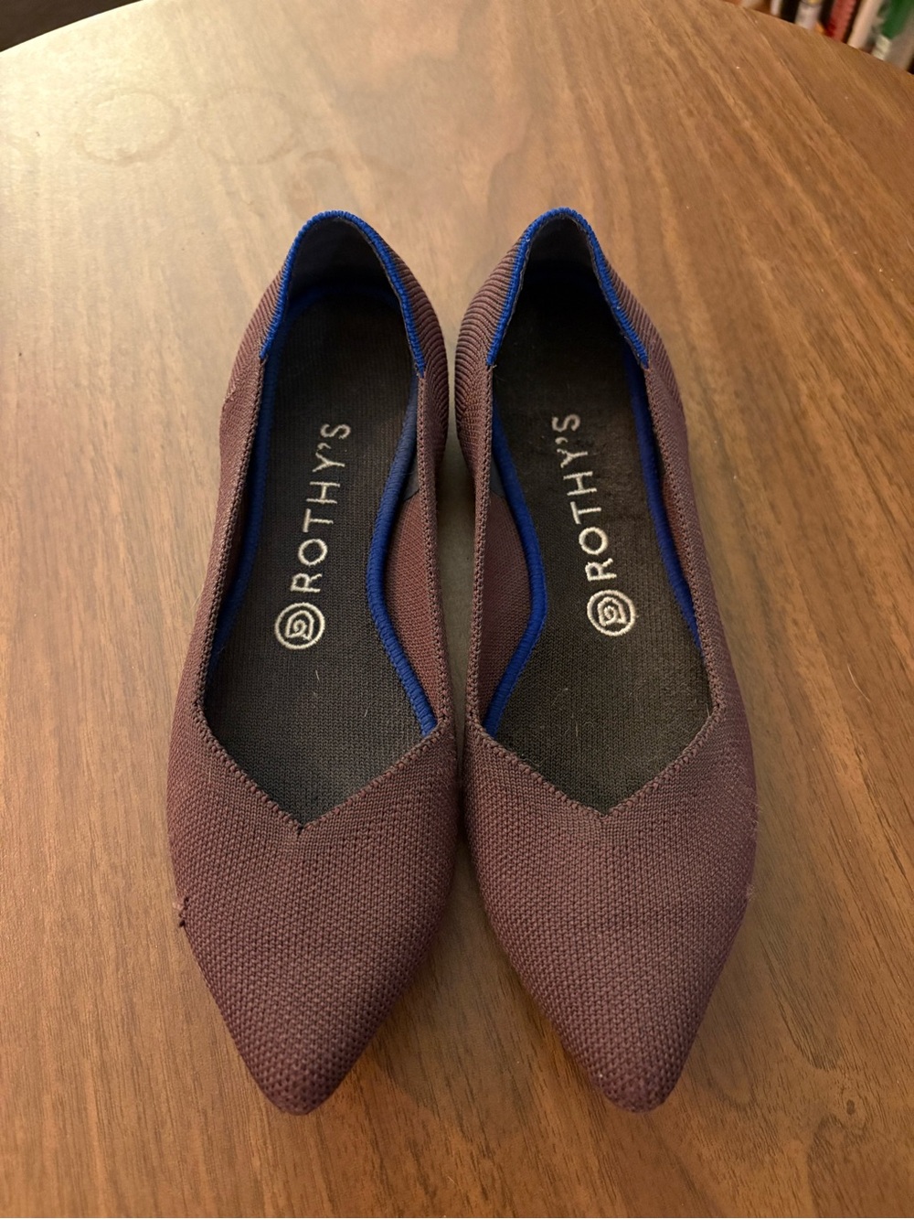Rothy's Pointed Flat in Plum with Blue Trim